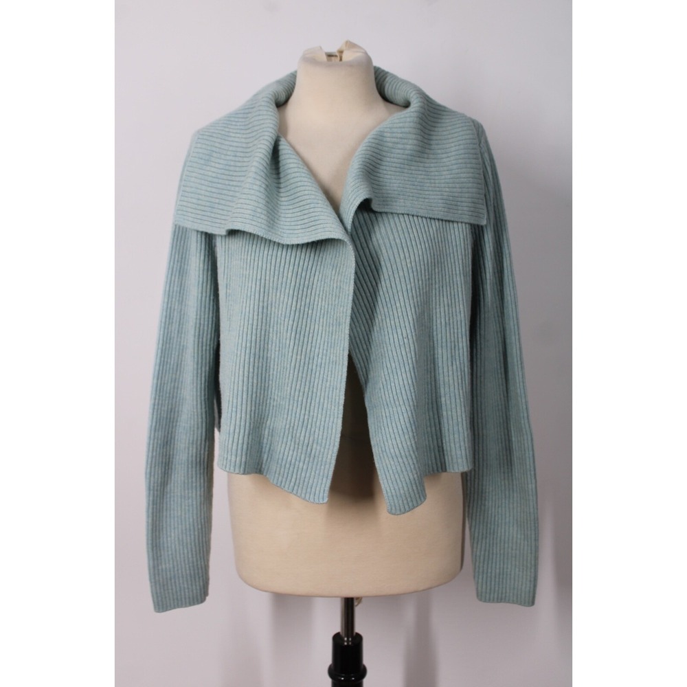 Eileen Fisher S/M? Blue Merino Wool Rib Knit Shawl Open Crop Cardigan Sweater